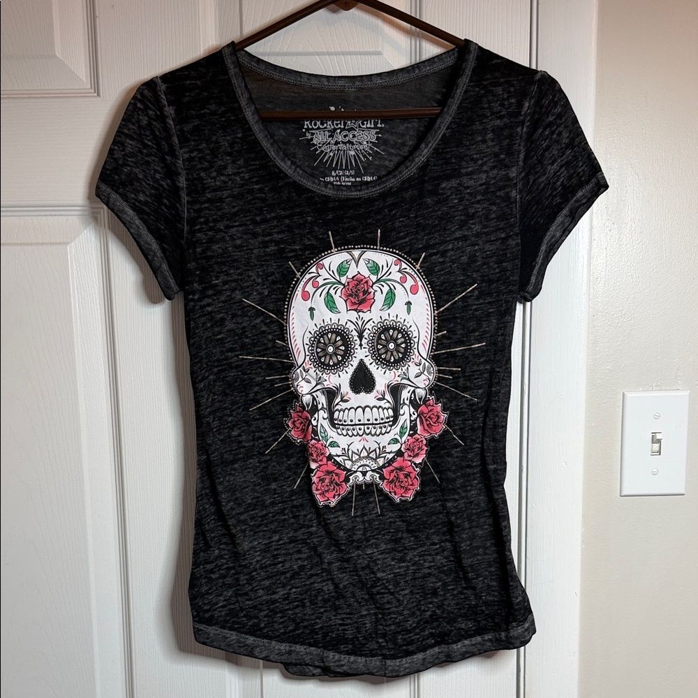 ALL ACCESS Black Sheer Tee with Sugar Skull Design